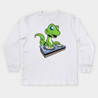 Cartoon Gecko DJ at Turntable Kids Long Sleeve T-Shirt